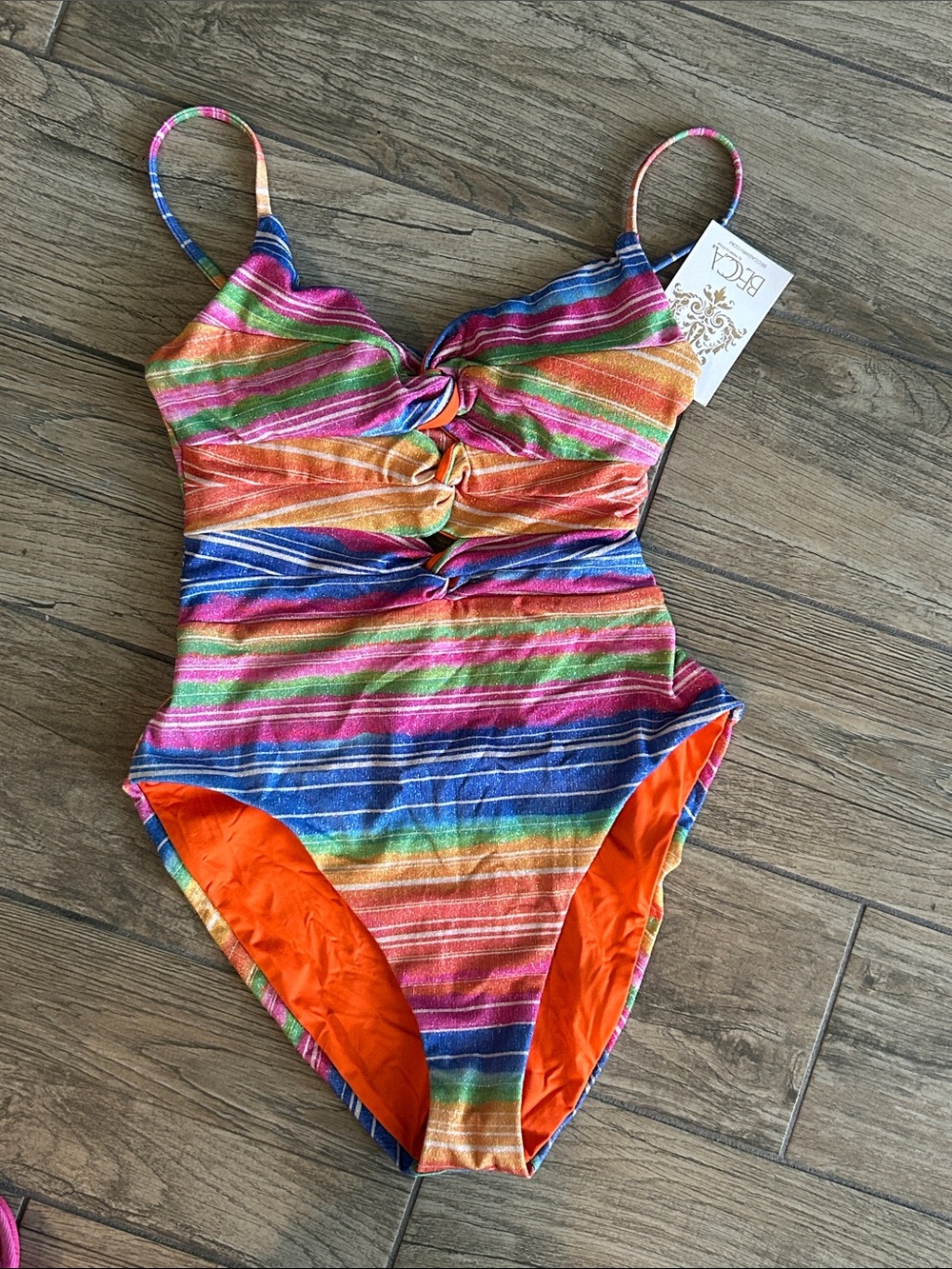 NWT..Striped Rainbow One-Piece Swimsuit with Twist Front Size S